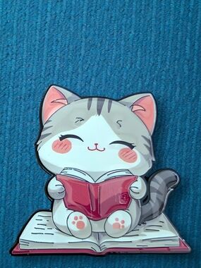 Cute Cat Reading Enamel Pin - Pink & Gray